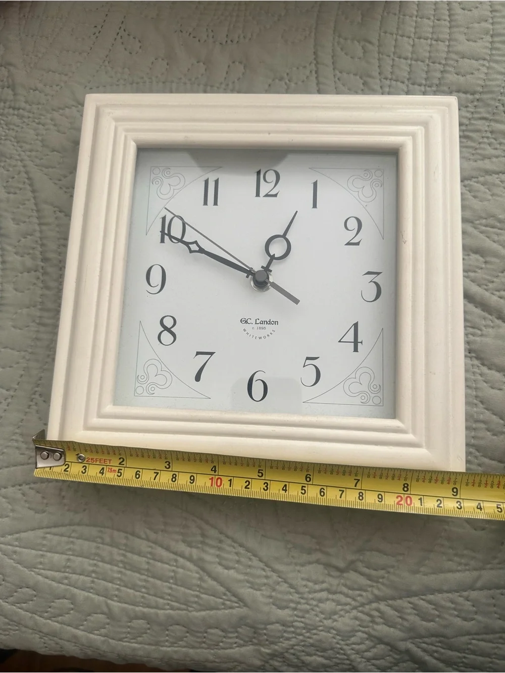 GC Landon White Decorative Square Wall Clock 9” x 9” Battery Operated
